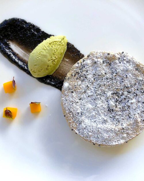 black sesame meringue with lemongrass basil ice cream
